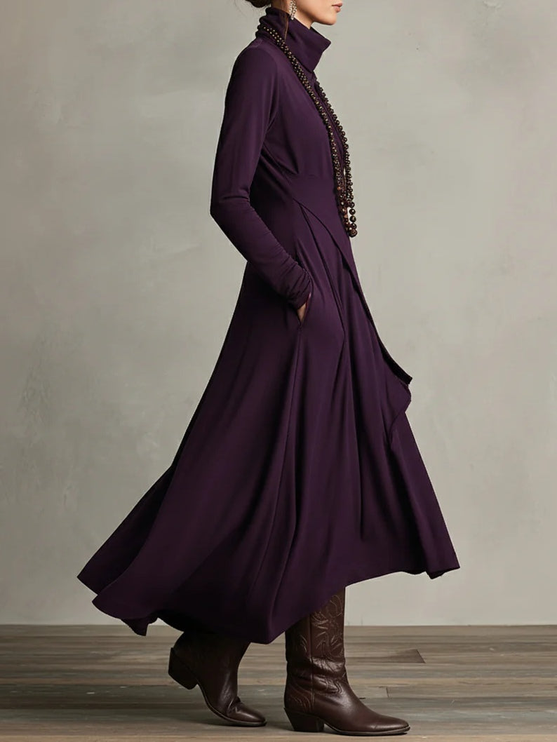 Turtleneck Long Sleeve Wrap Asymmetric Maxi Dress