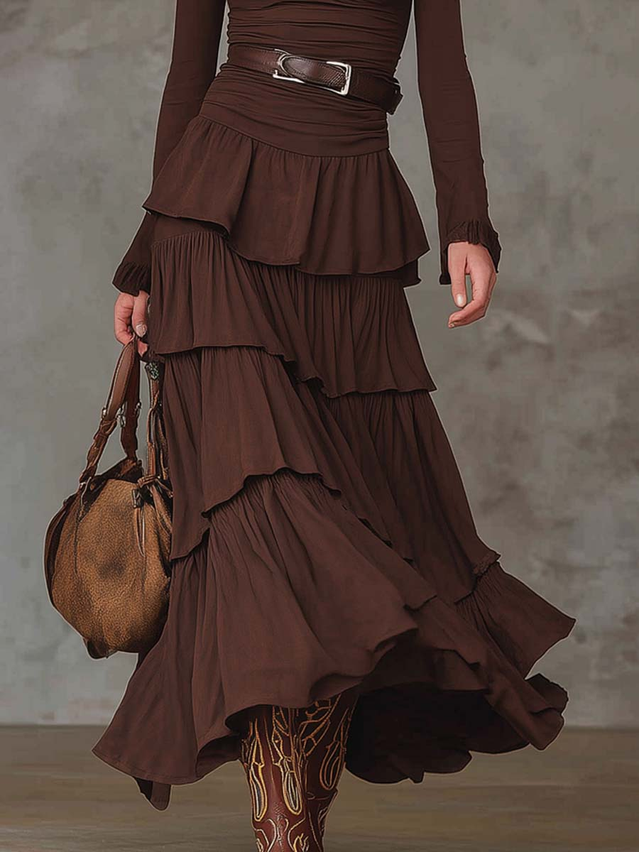 V-Neck Long Sleeve Ruched Tiered Ruffle Maxi Dress 3