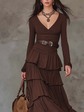 V-Neck Long Sleeve Ruched Tiered Ruffle Maxi Dress 2