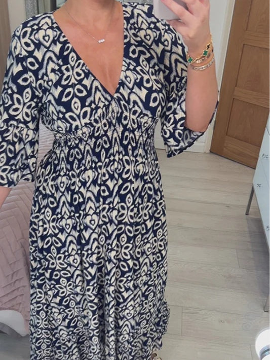 Bohemian Casual Print V-neck Waist Wrap Long Dress Navy
