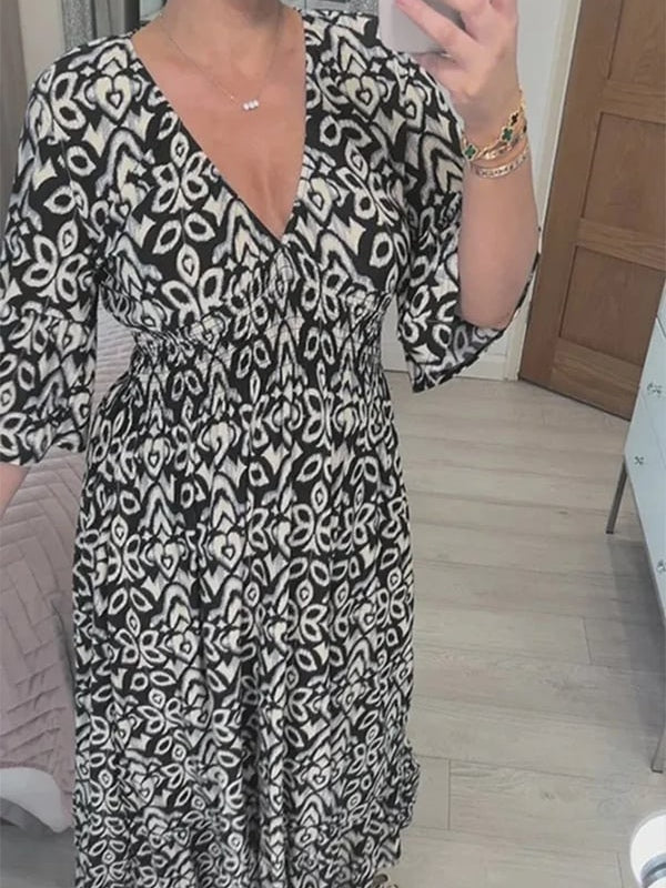 Bohemian Casual Print V-neck Waist Wrap Long Dress Black