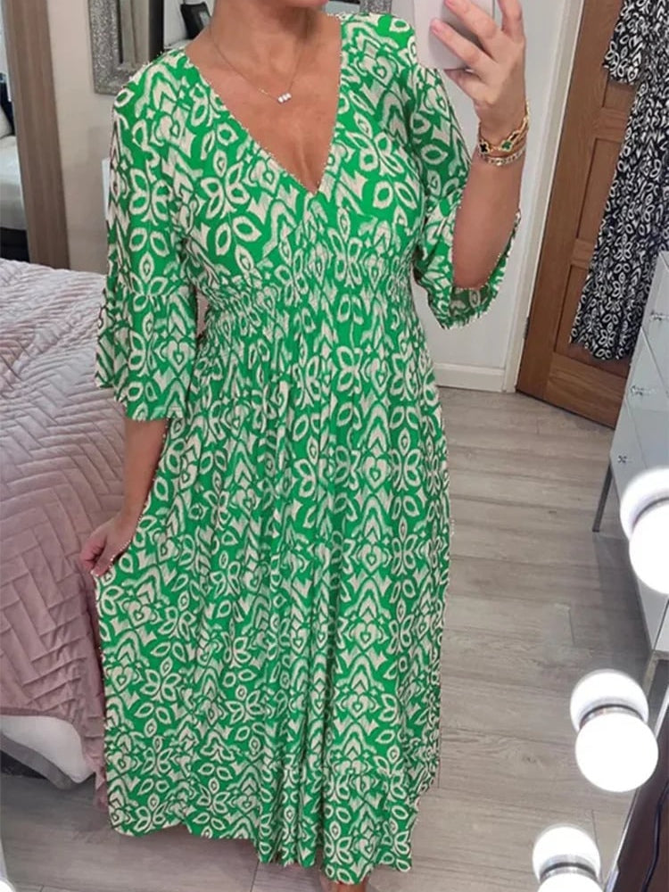 Bohemian Casual Print V-neck Waist Wrap Long Dress Green