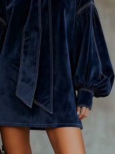 Velvet High Neck Bishop Sleeve Bow Mini Dress 3