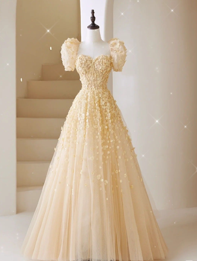Charming Yellow A-line Puffy Sleeves Floral Prom Dress,Fairy Dress  cc1201