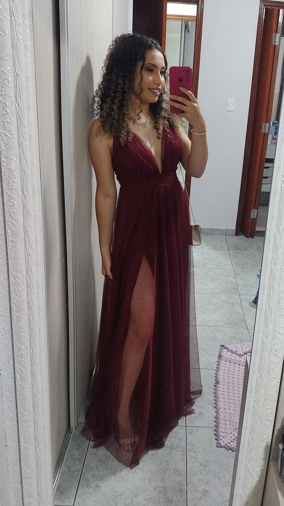Burgundy Long Prom Dress with Slit,V Neck Formal Dress cc1278