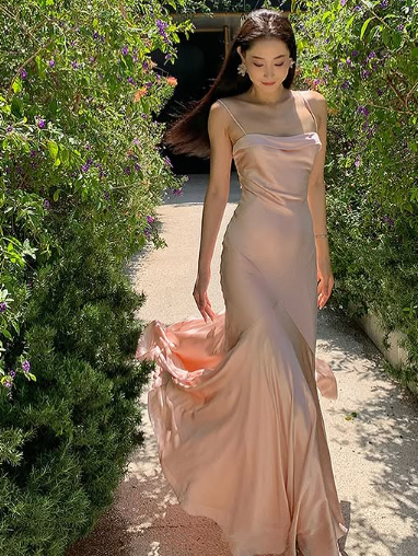 Elegant Straps Pink Satin Mermaid Evening Dress Formal Prom Dress cc1983