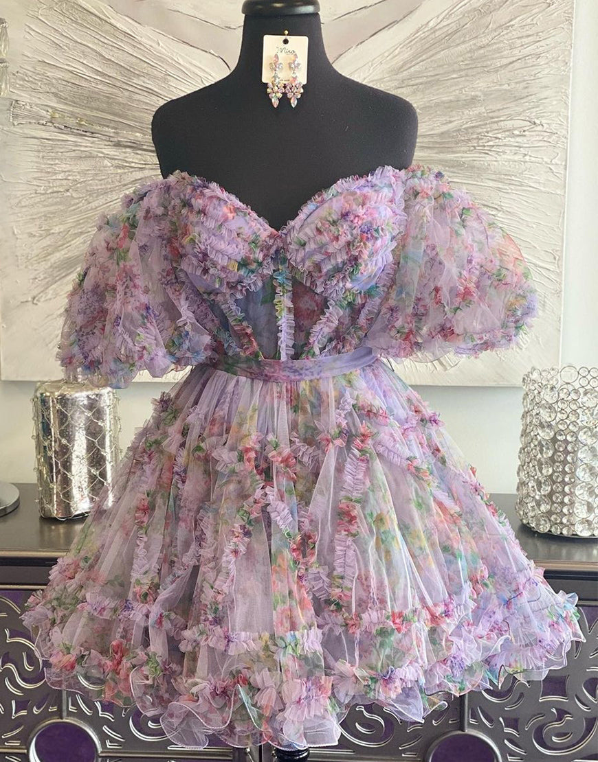 Pretty Cute Puff Sleeves A-Line Short Homecoming Party Dress