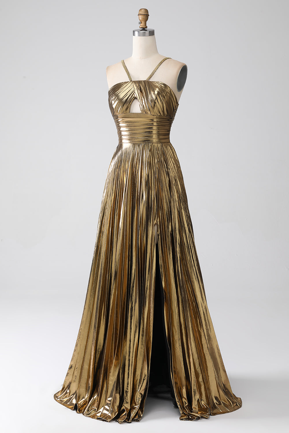 20721 - A Line Halter Ruched Long 2024 Semi Formal Prom Dress with Slit