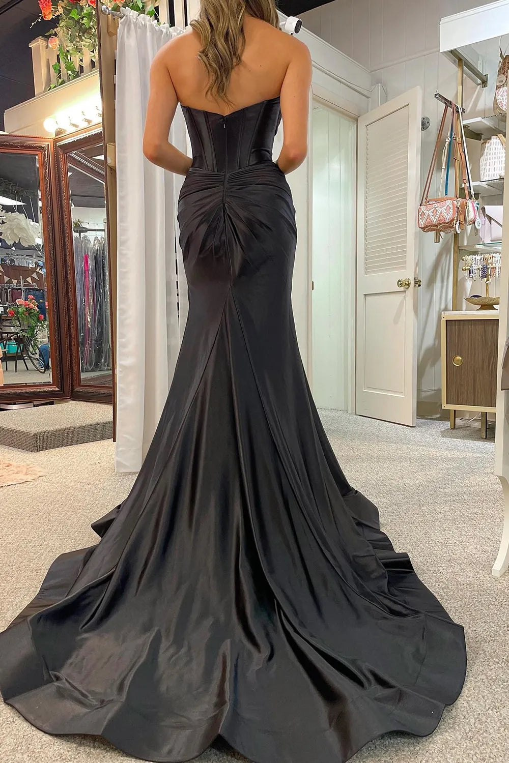 Satin Mermaid Strapless Long Prom Dress With Split