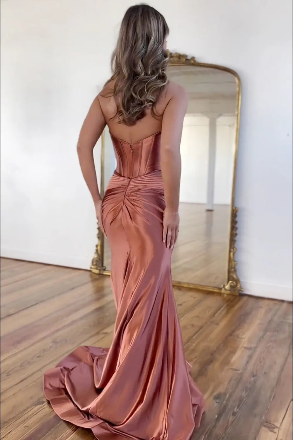 Satin Mermaid Strapless Long Prom Dress With Split