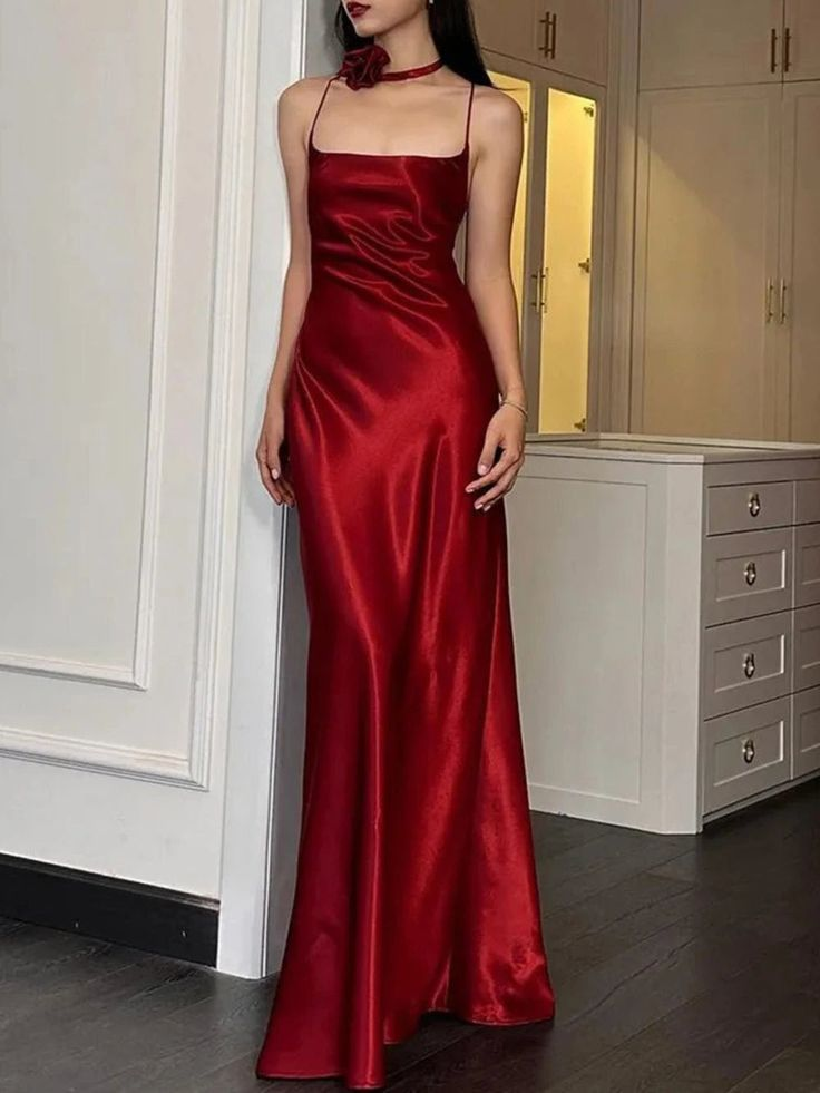 Sexy Spaghetti Straps Red Backless Prom Dress A Line Party Evening Dress  cc1902