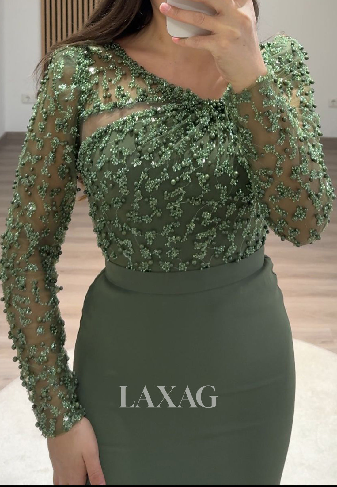 Scoop-Neck Beaded Sequined Floor-Length Party Gowns Long Sleeves Pleated Mermaid Prom Dress