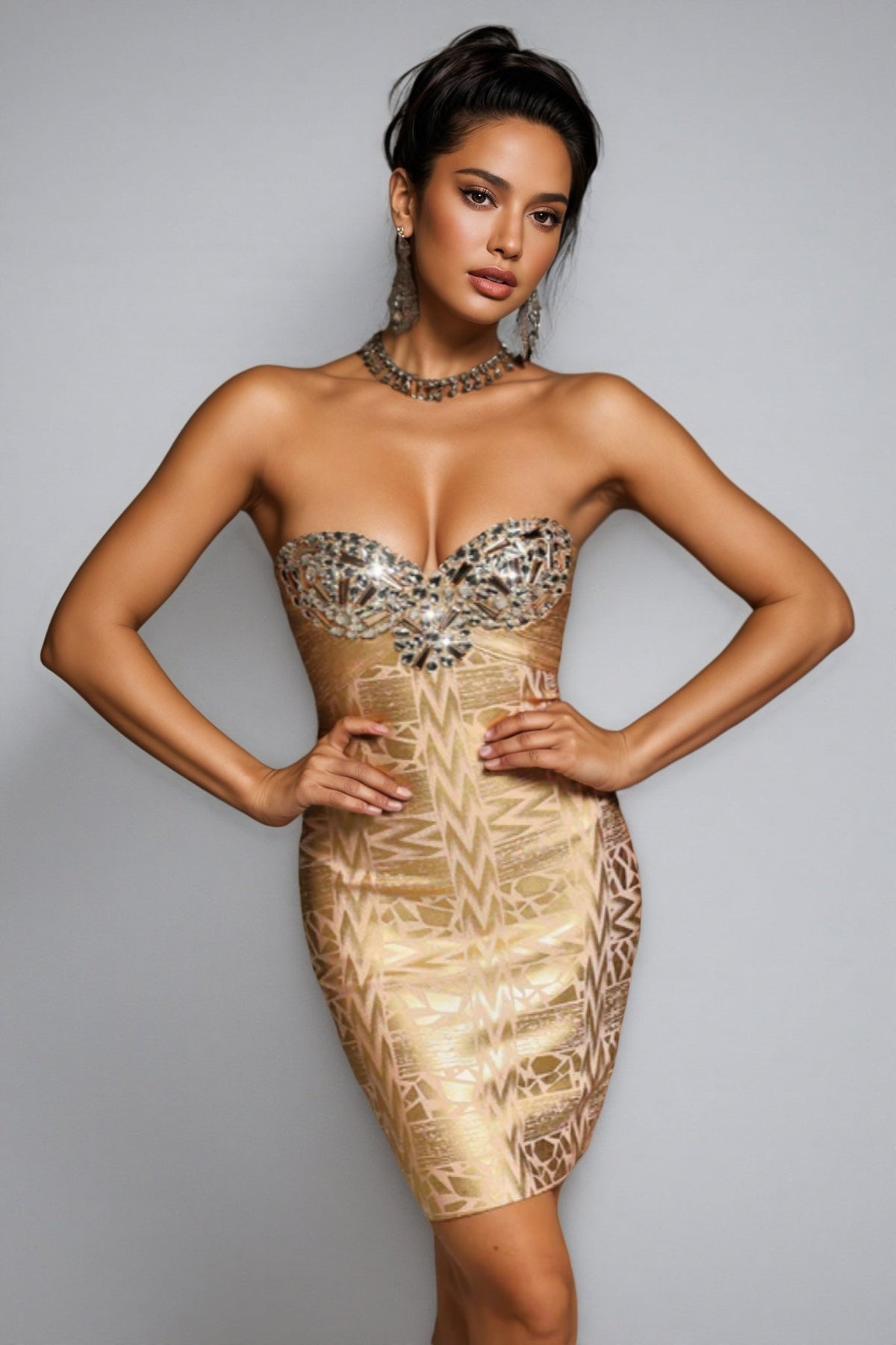 Strapless Sweetheart Rhinestone Bust Metallic Geometric Print Bandage Mini Dress