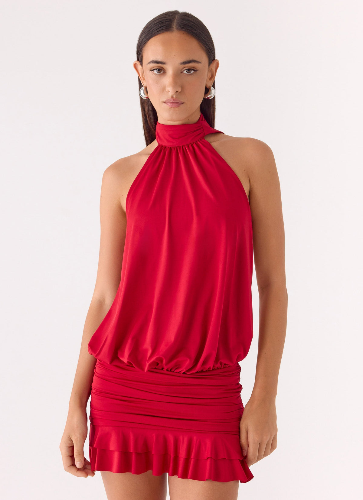 Satin High Neck Halter Blouson Ruched Ruffle Hem Mini Dress