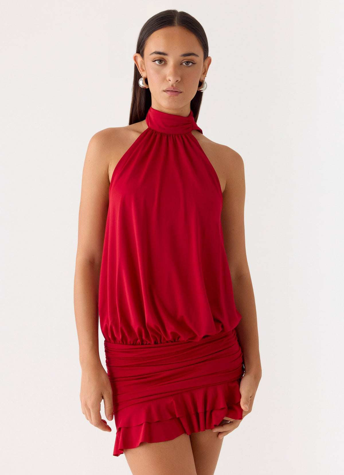 Satin High Neck Halter Blouson Ruched Ruffle Hem Mini Dress 6