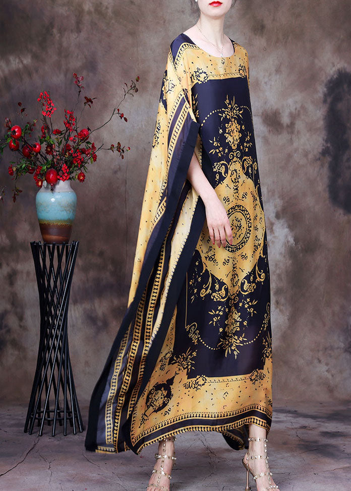 Baroque Medallion Print Round Neck Cape Sleeve Side Slit Kaftan Maxi Dress