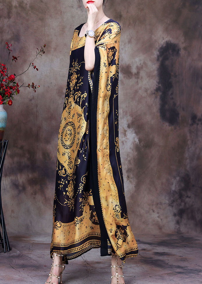 Baroque Medallion Print Round Neck Cape Sleeve Side Slit Kaftan Maxi Dress