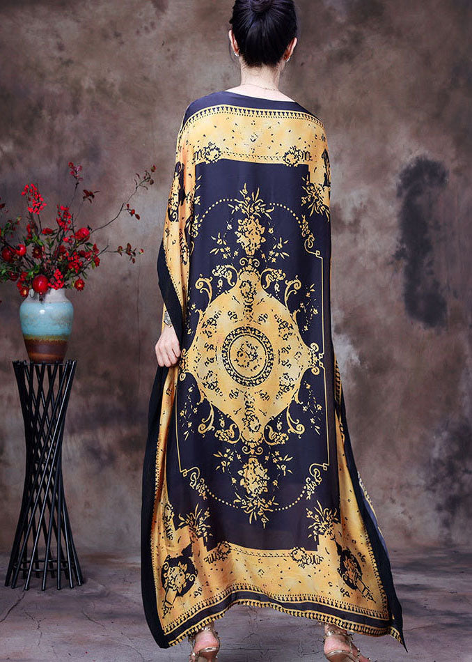 Baroque Medallion Print Round Neck Cape Sleeve Side Slit Kaftan Maxi Dress