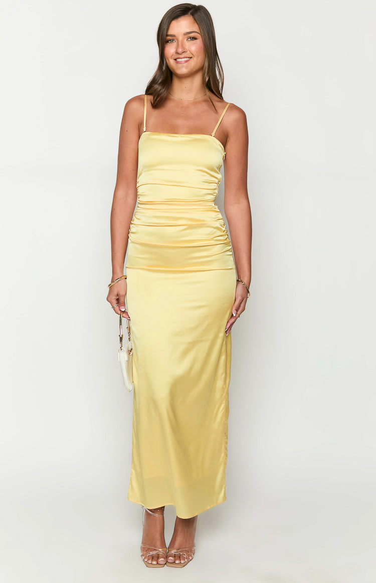 Satin Strapless Ruched Bodice Column Maxi Dress 3
