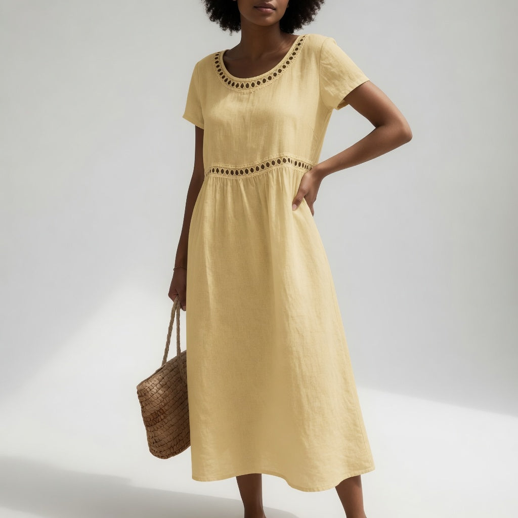 Round Neck Short Sleeve Eyelet Trim Midi Dress 4