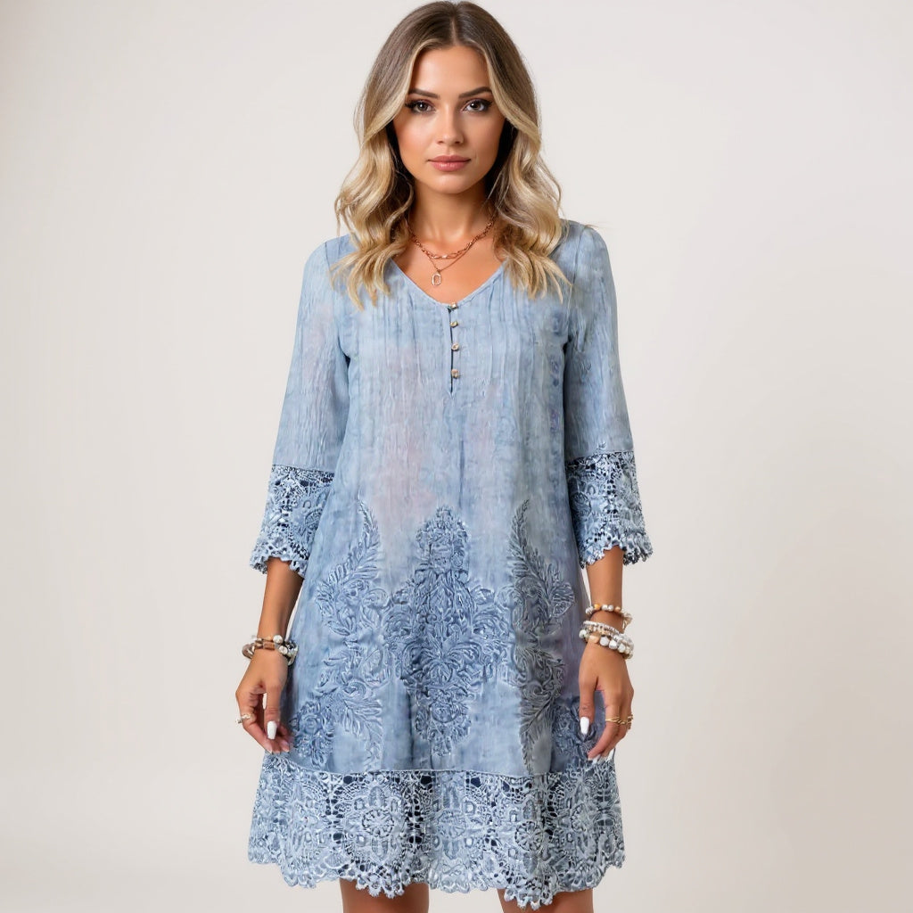 Alvinea™ | Lace-Trim A-Line Dress Blue