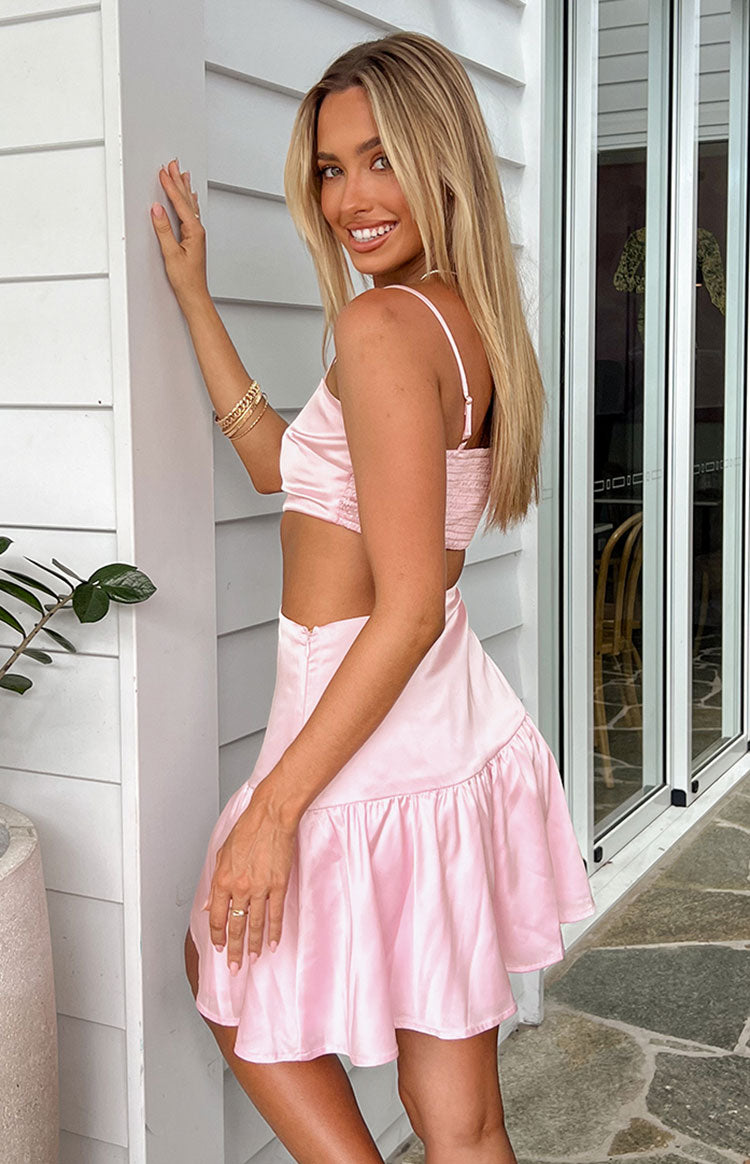Satin Straight Neck Cami Side Cut Out Ruffle Hem Mini Dress 7
