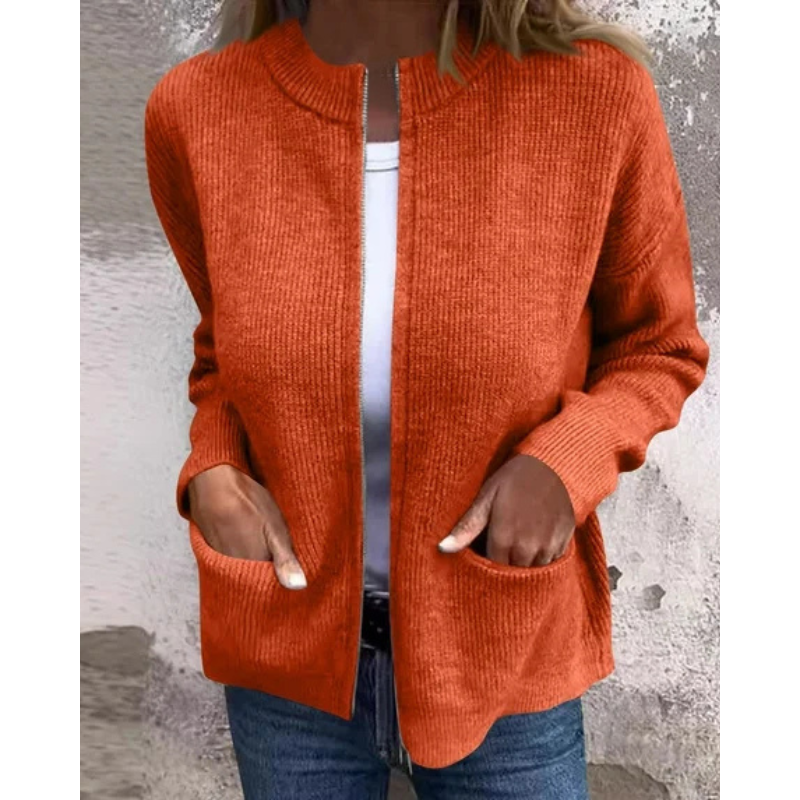 Ribbed Knit Zip Front Pocket Cardigan