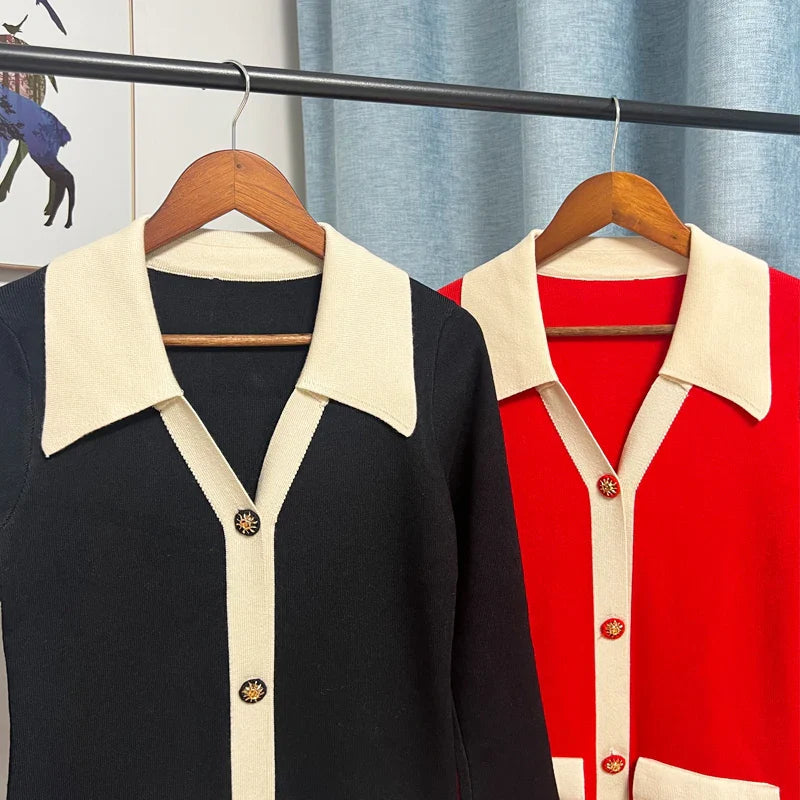 Knitted Turn-down Collar Red Black Christmas Party Dress