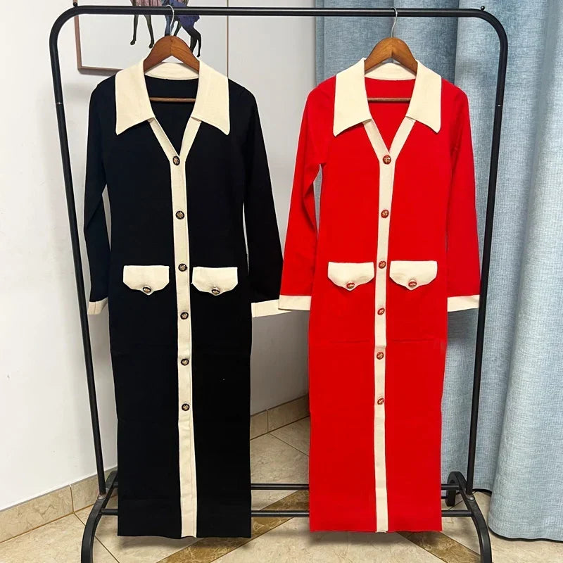 Contrast Collar Long Sleeve Button Front Knit Split Midi Dress 2