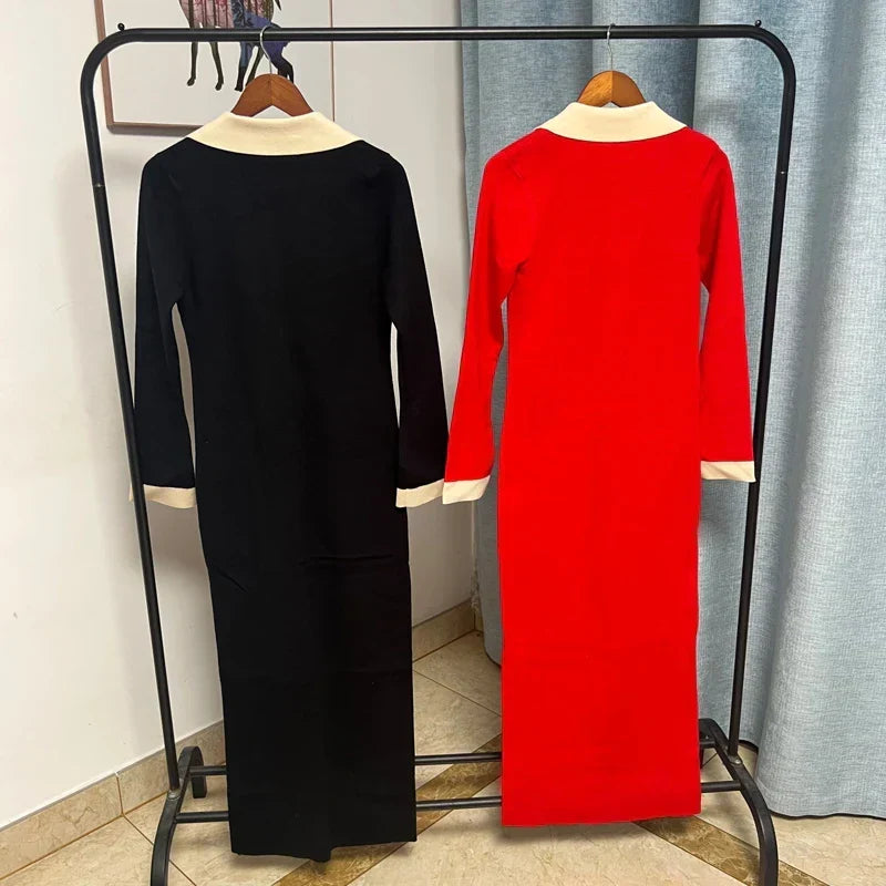 Contrast Collar Long Sleeve Button Front Knit Split Midi Dress 3