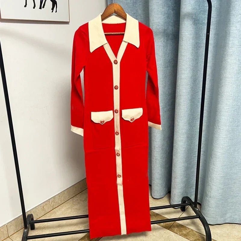 Contrast Collar Long Sleeve Button Front Knit Split Midi Dress 8