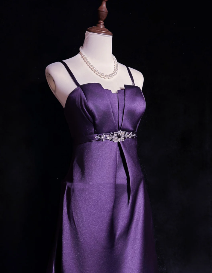 Fashion Spaghetti Straps Purple Satin Beaded A Line Short Birthday Outfits Homecoming Dress D1993
