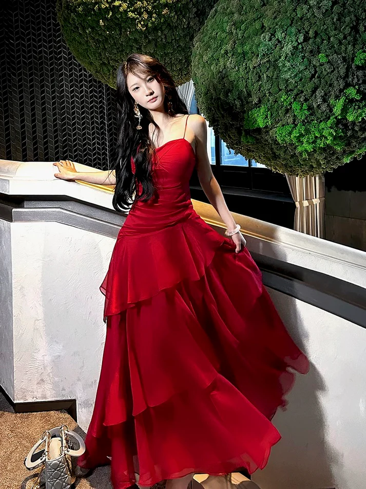 Beautiful Red Chiffon Layered Evening Dress Spaghetti Straps Prom Party Dress cc1928