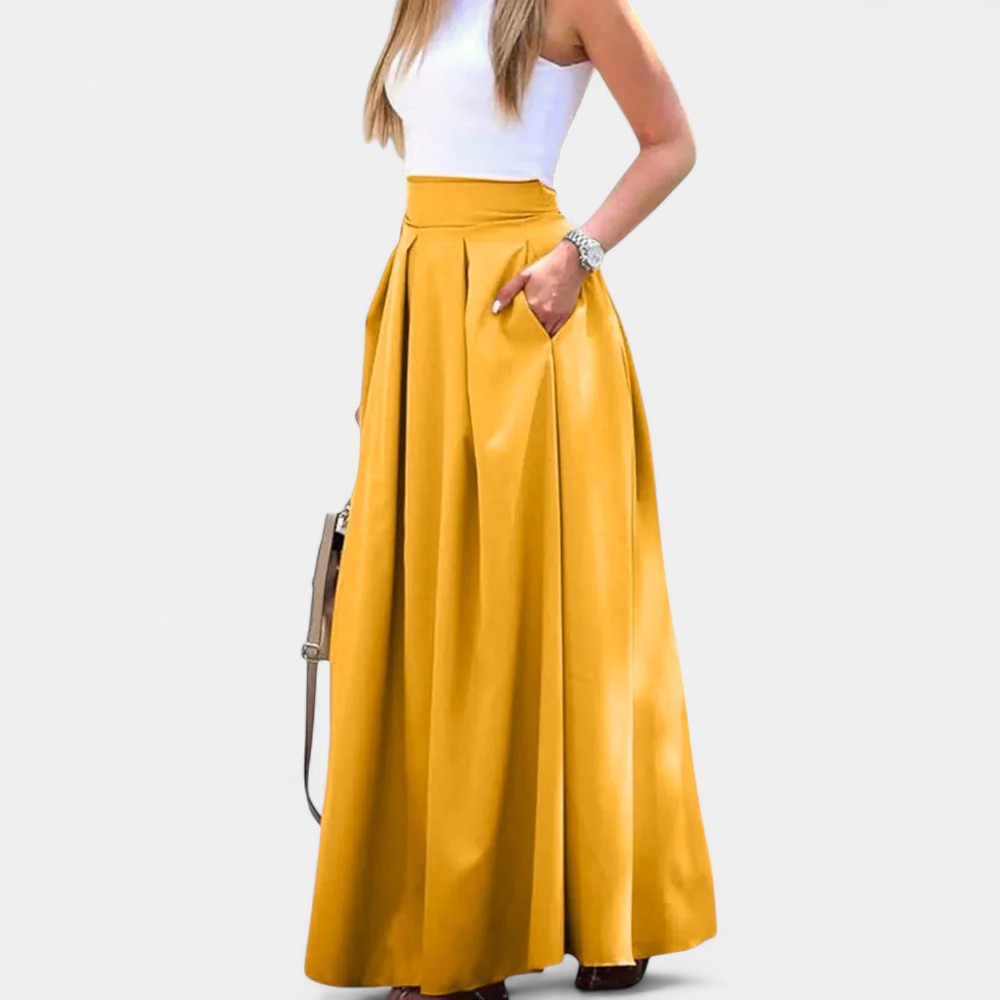 High Waist Pleated Pocket Flared Maxi Skirt