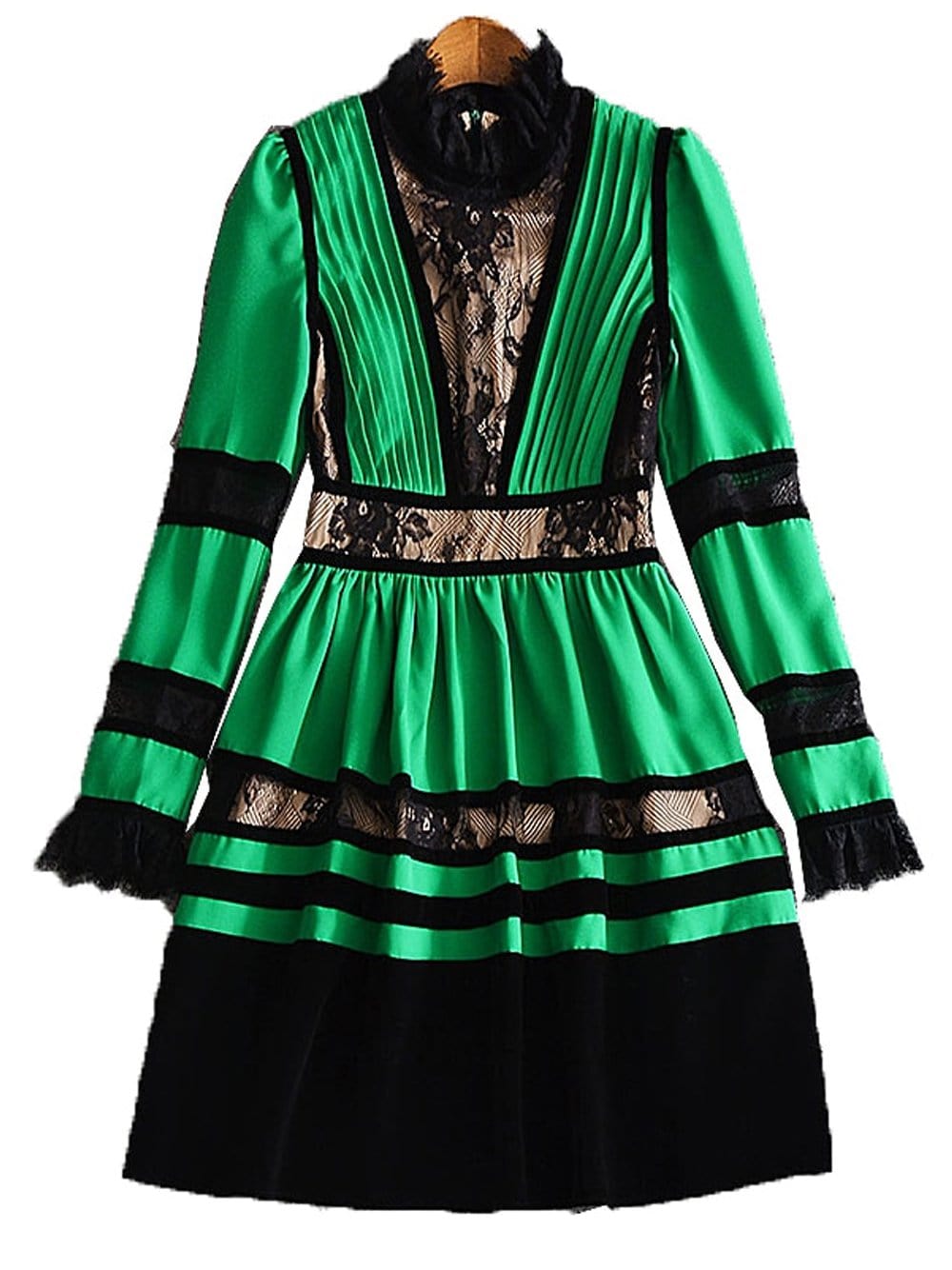 High Neck Long Sleeve Lace Insert Velvet Trim Pleated Mini Dress 8