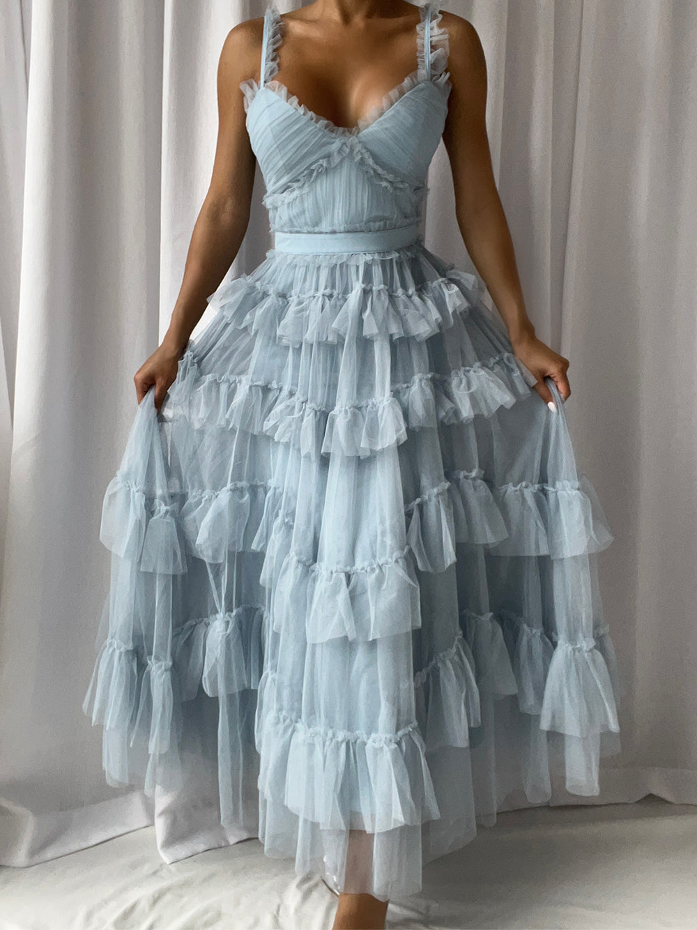 Tulle Ruffle Strap V-Neck Tiered Ruffle Maxi Dress