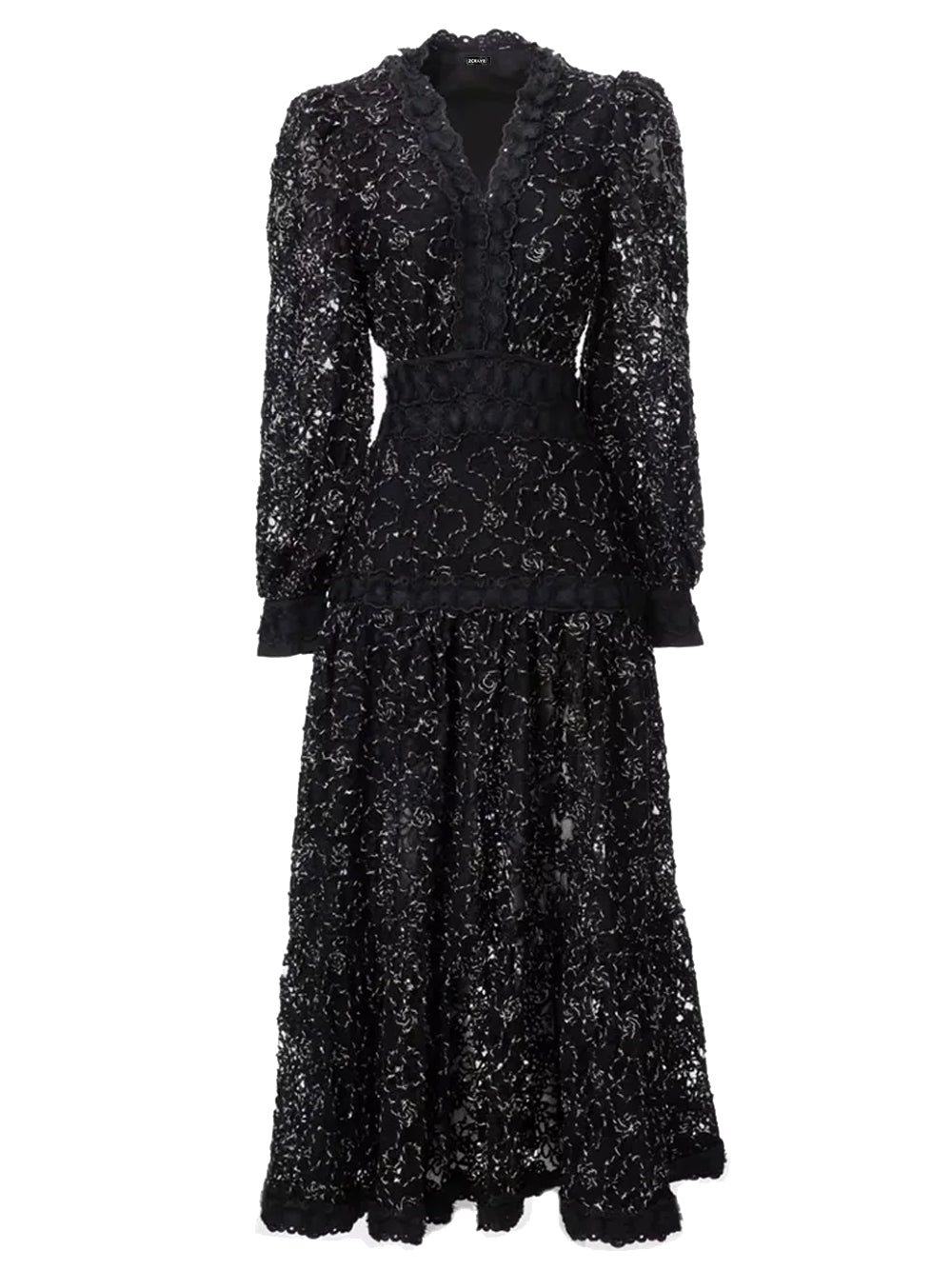 Embroidered Lace V-Neck Long Sleeve Scalloped Trim Tiered Midi Dress
