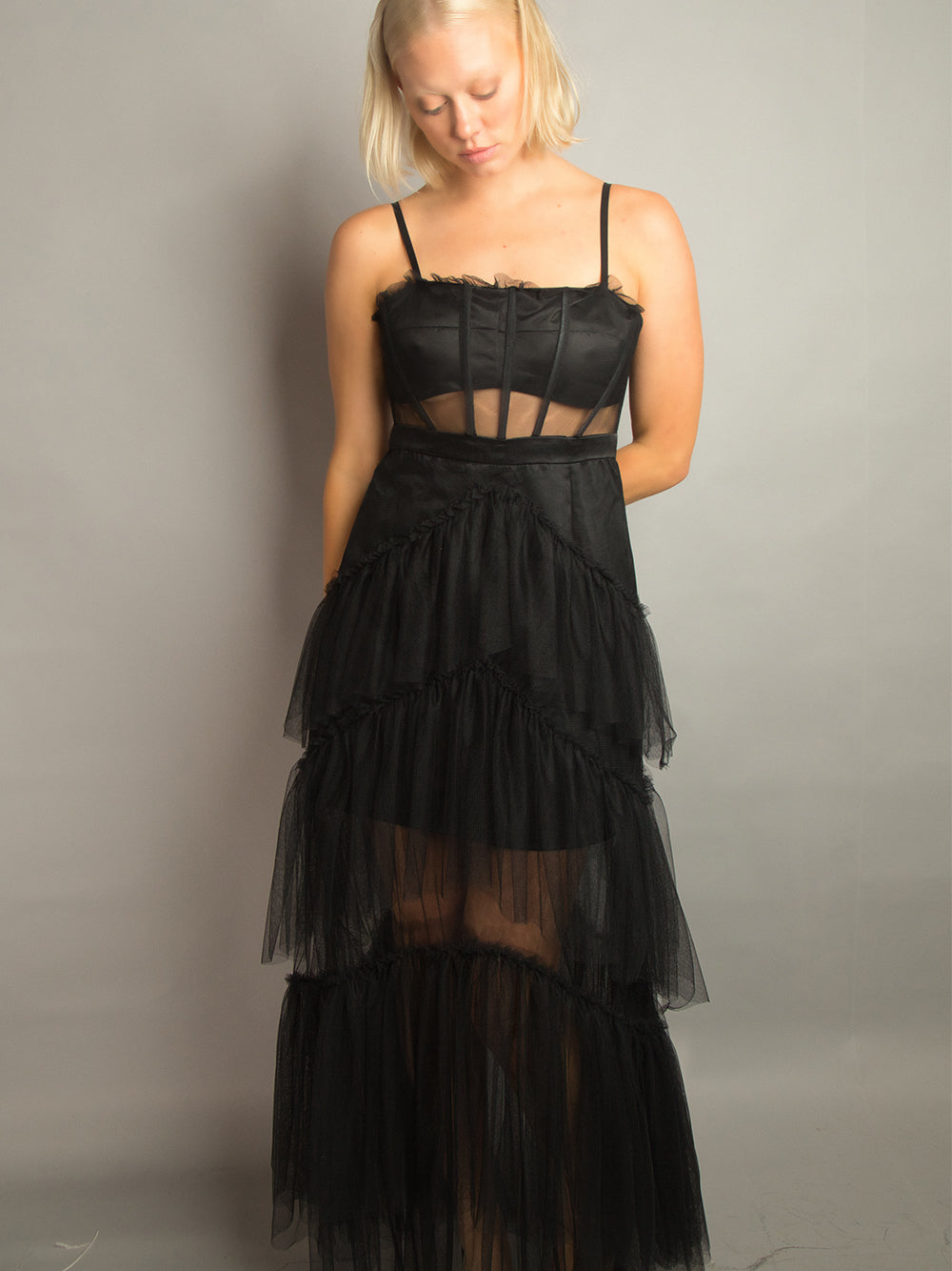 Tulle Spaghetti Strap Corset Bodice Tiered Ruffle Maxi Dress