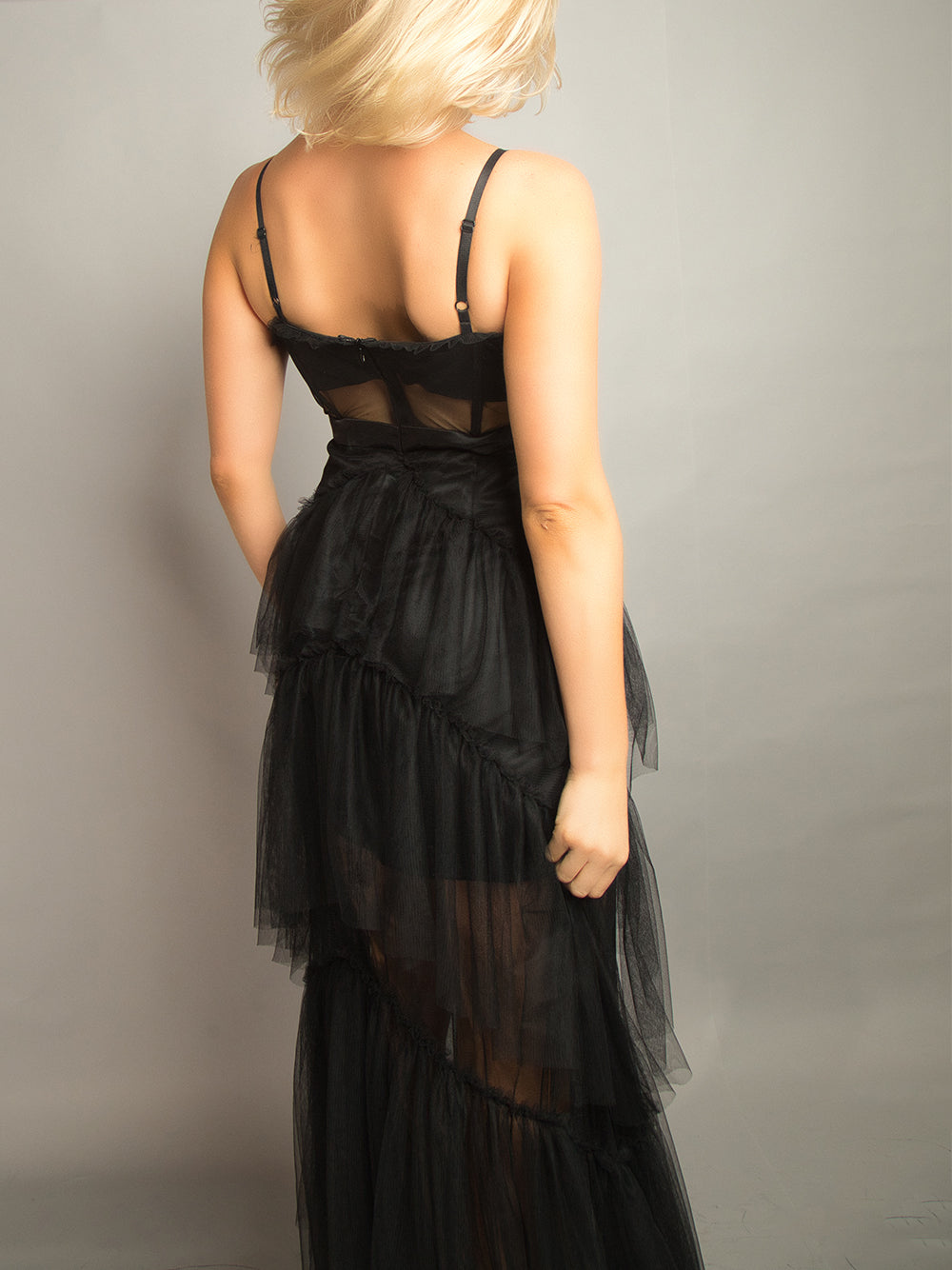 Tulle Spaghetti Strap Corset Bodice Tiered Ruffle Maxi Dress 9