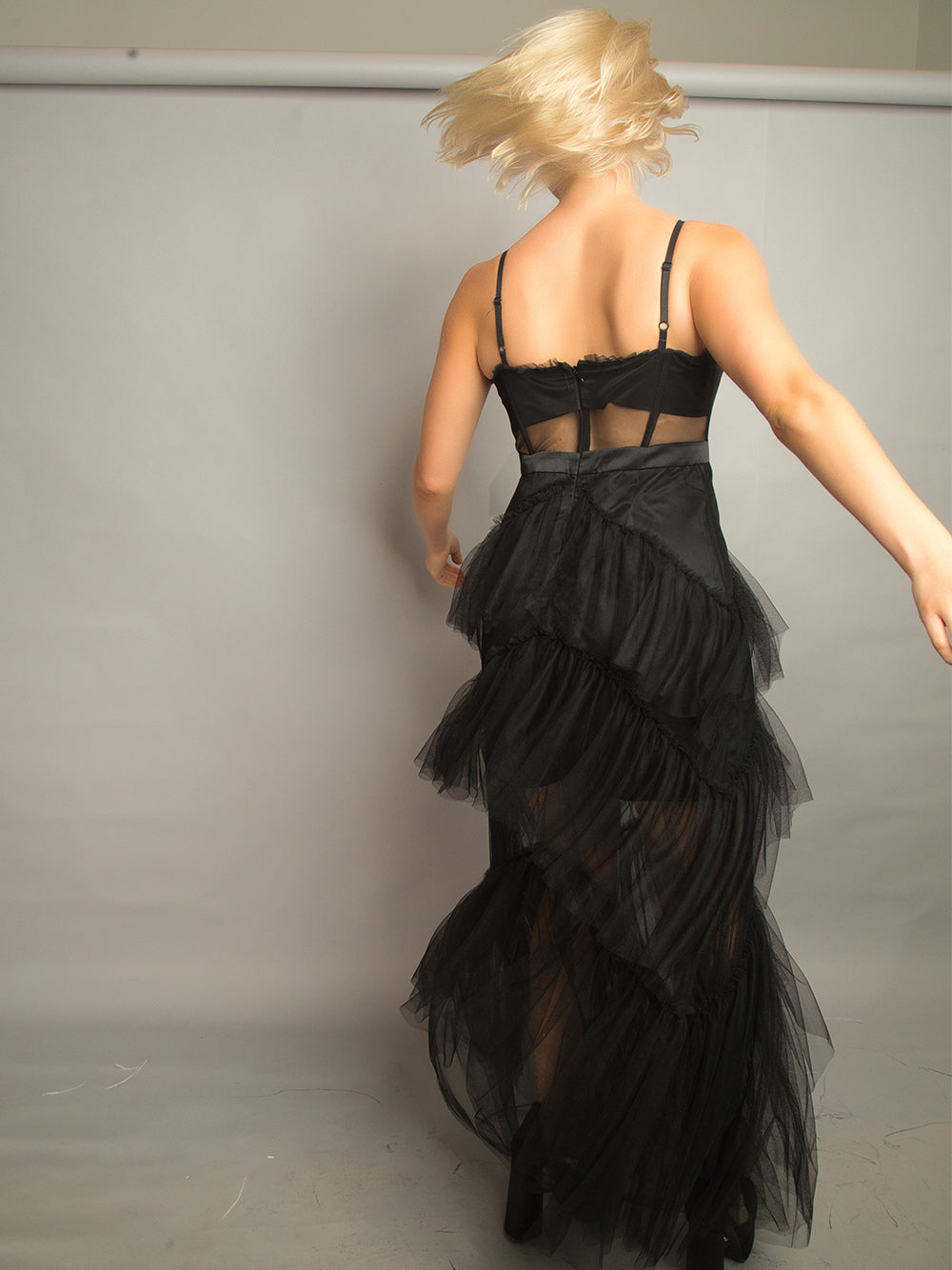 Tulle Spaghetti Strap Corset Bodice Tiered Ruffle Maxi Dress 11