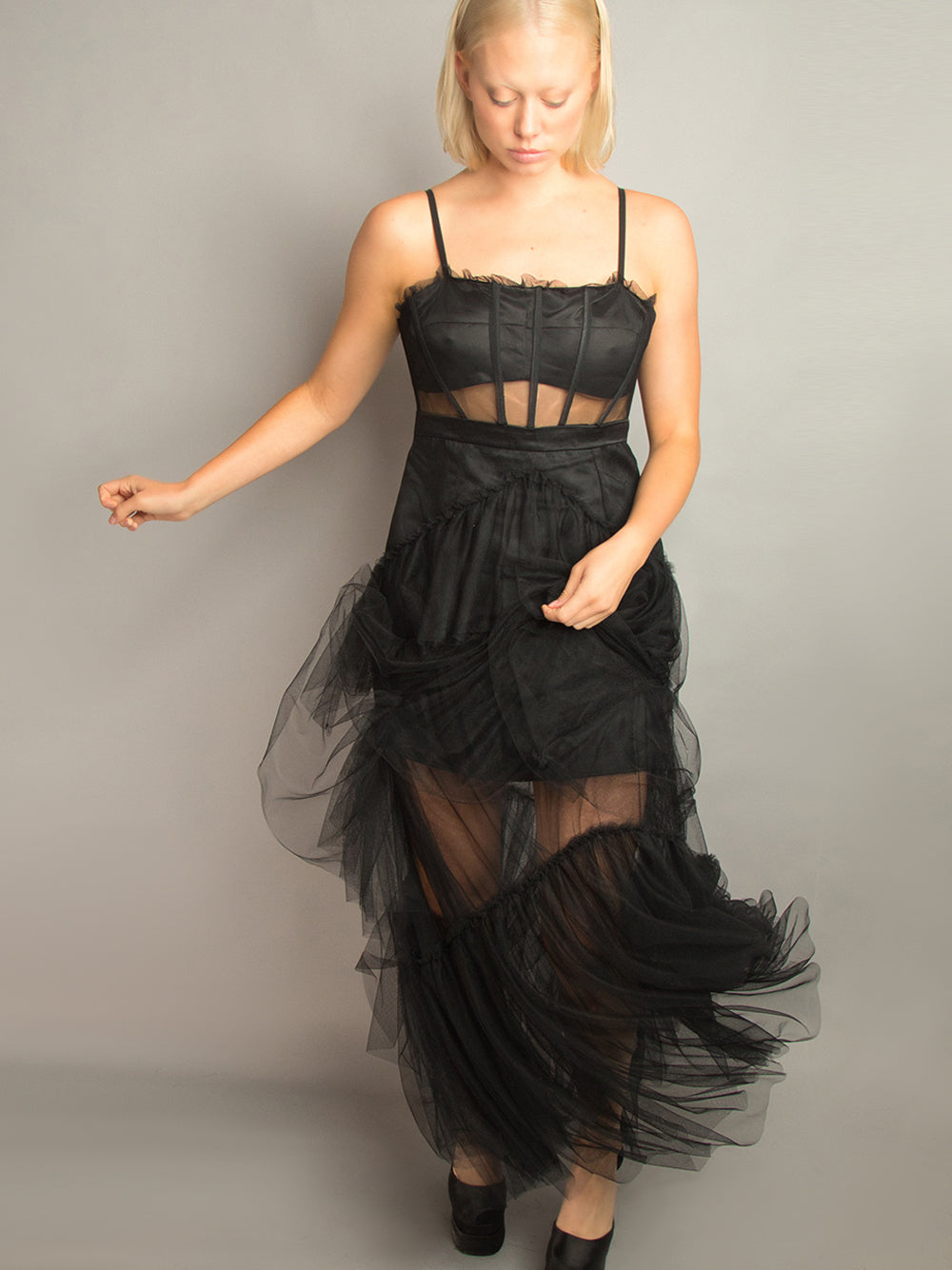 Tulle Spaghetti Strap Corset Bodice Tiered Ruffle Maxi Dress 15