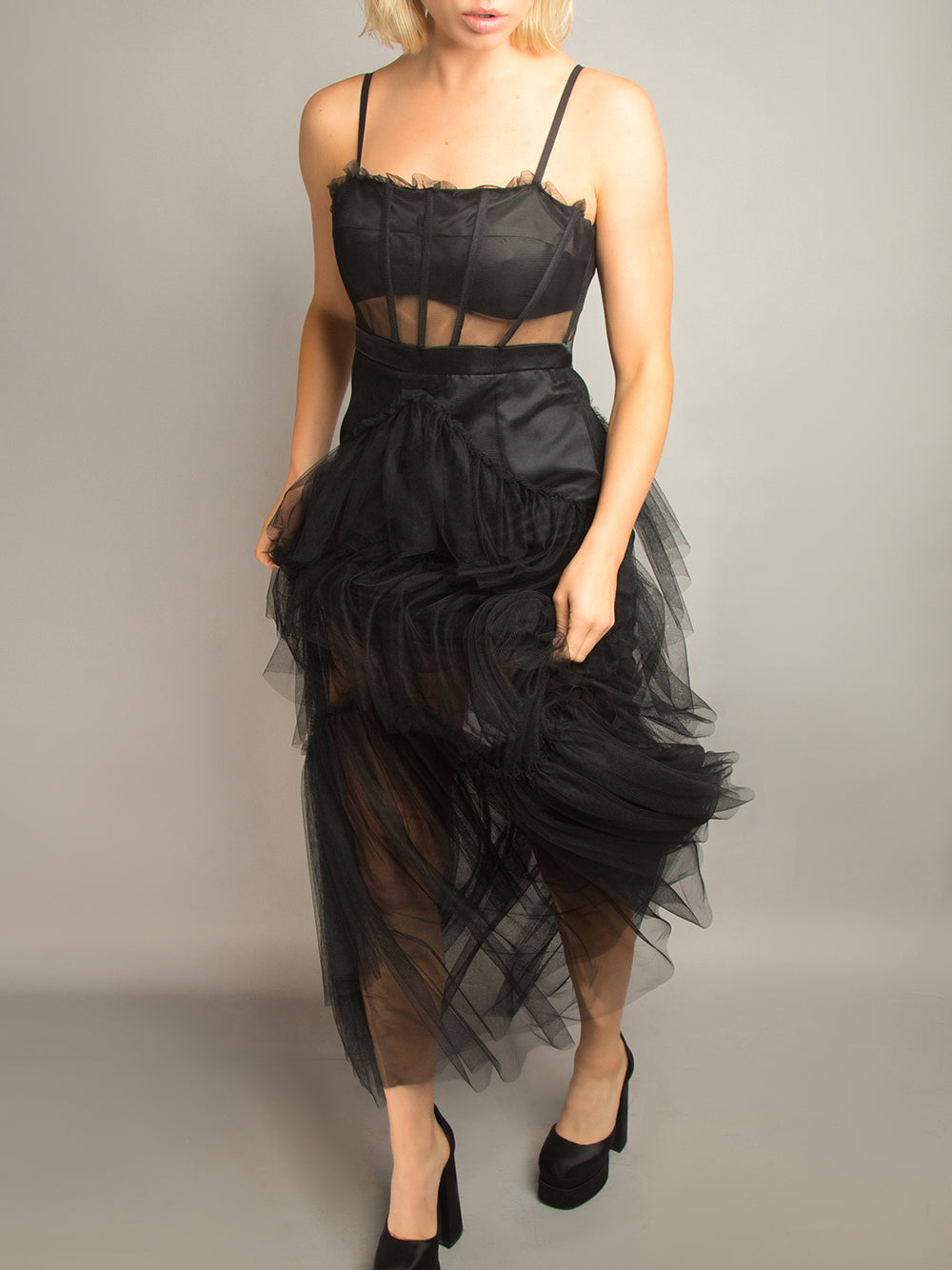 Tulle Spaghetti Strap Corset Bodice Tiered Ruffle Maxi Dress 14