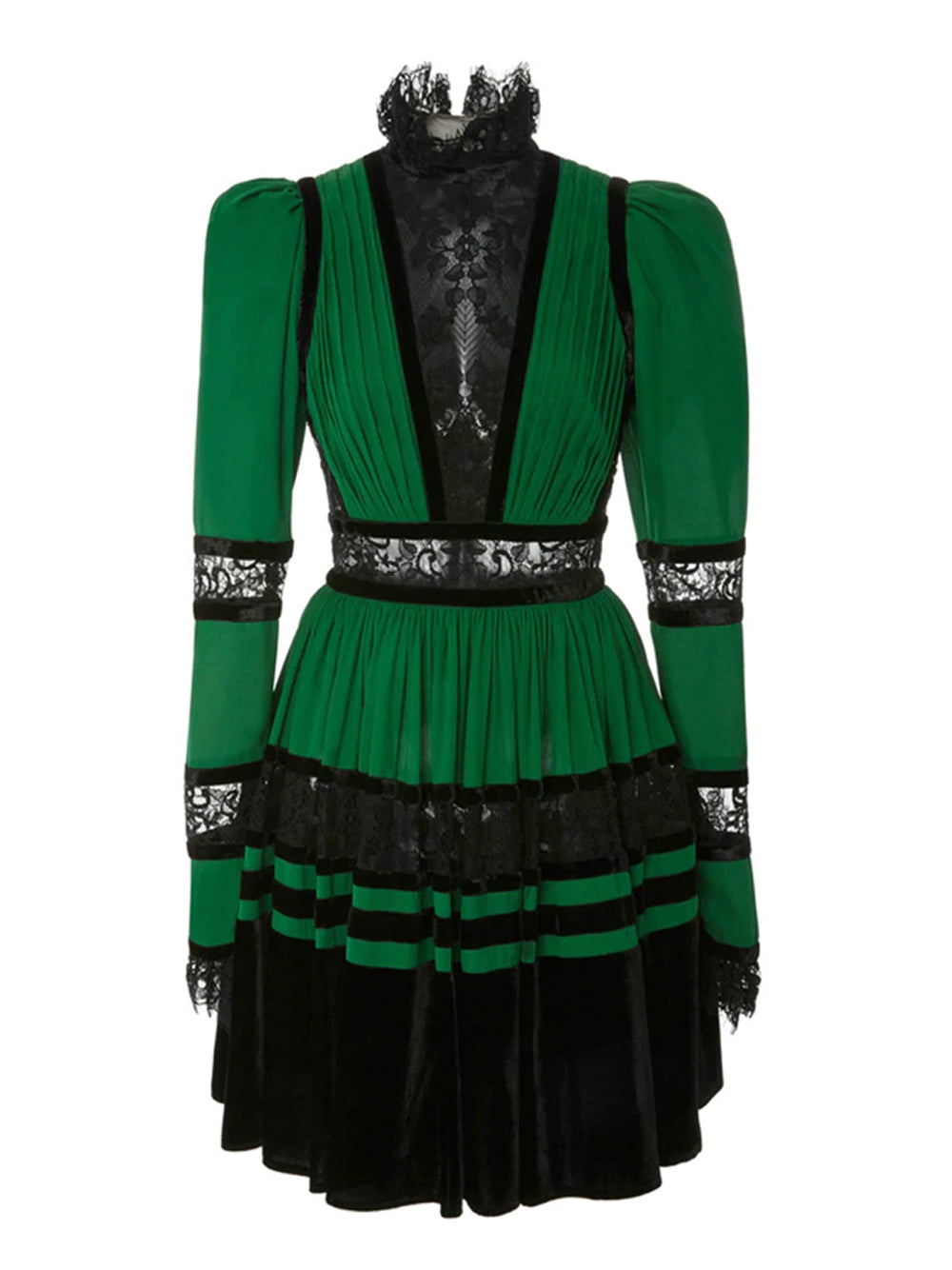 High Neck Long Sleeve Lace Insert Velvet Trim Pleated Mini Dress