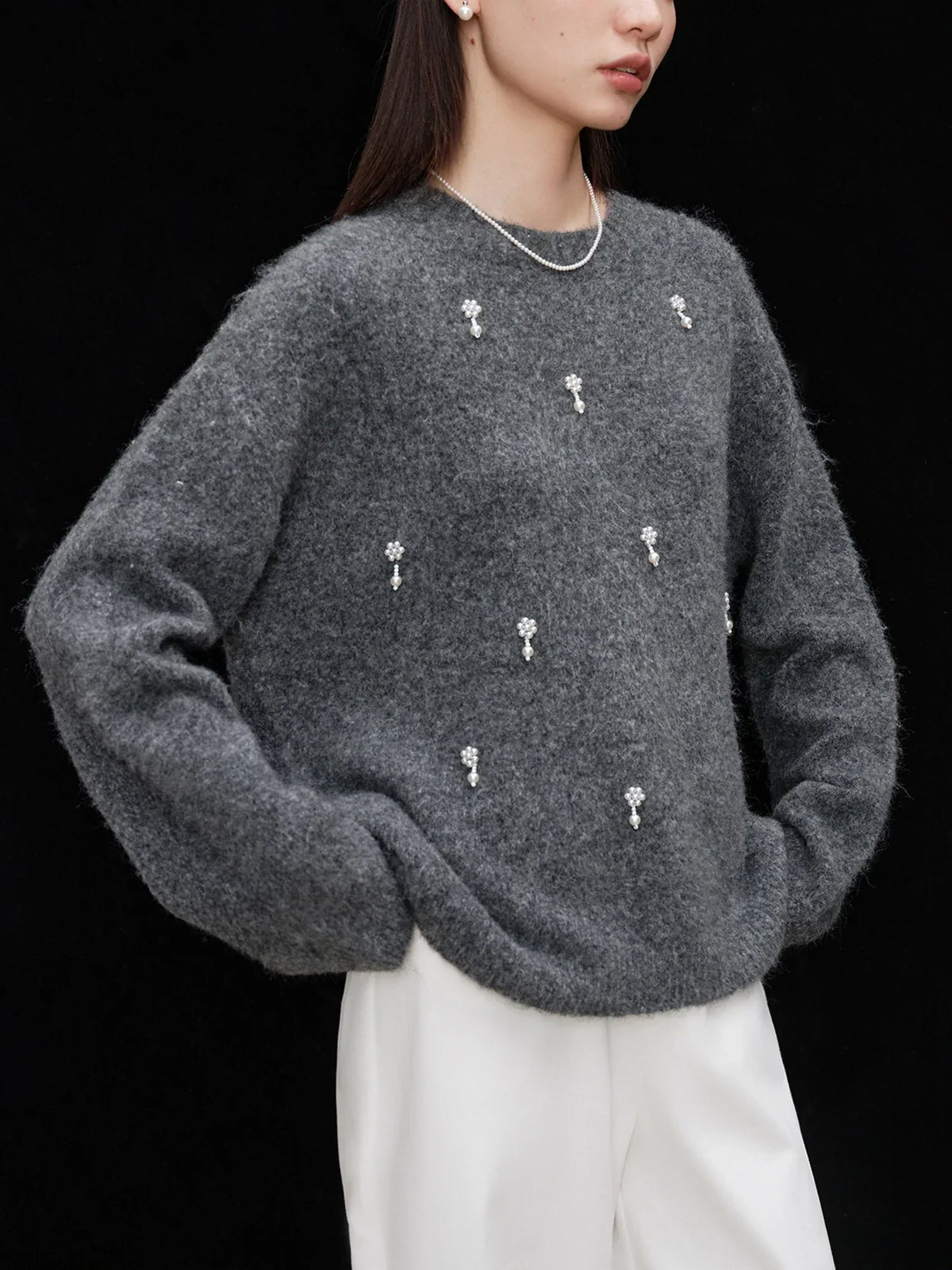 Crew Neck Faux Pearl Flower Embellished Fuzzy Knit Sweater