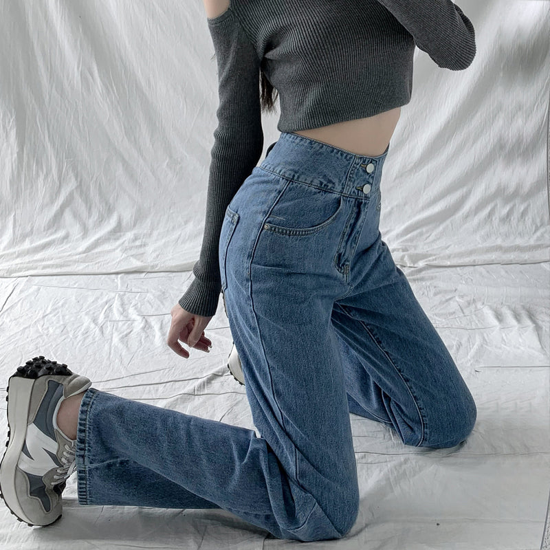 Double Button High Waist Wide Straight Leg Jeans 3