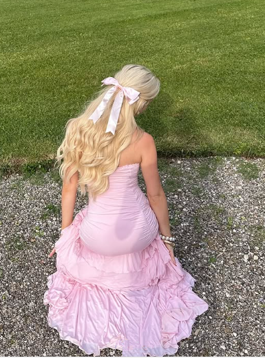 Sweet Pink Chiffon Strapless Evening Dress Multi-Layered Slit Prom Party Dress cc1945