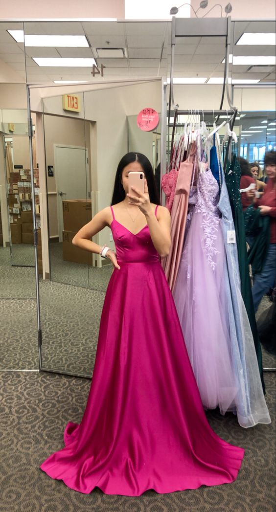 Fuchsia V Neck Straps A-line Satin Long Prom Dress cc1093