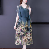 Vintage French V-neck Chiffon Silk Long Dress 5