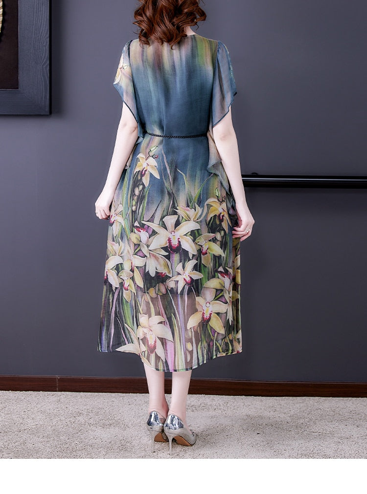 Vintage French V-neck Chiffon Silk Long Dress 4
