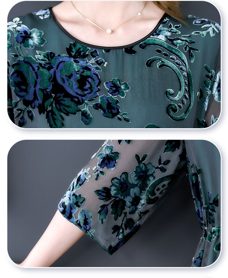 Velvet Burnout Floral Round Neck Drawstring Waist Three Quarter Sleeve Midi Dress